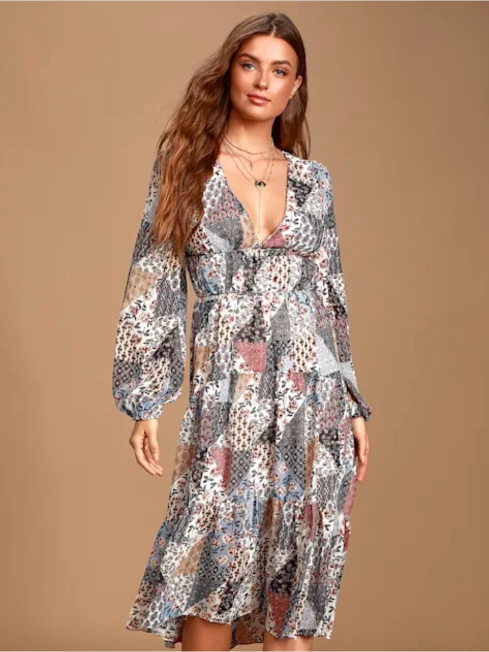 Patchwork Print V-Neck Midi Dress in Multi